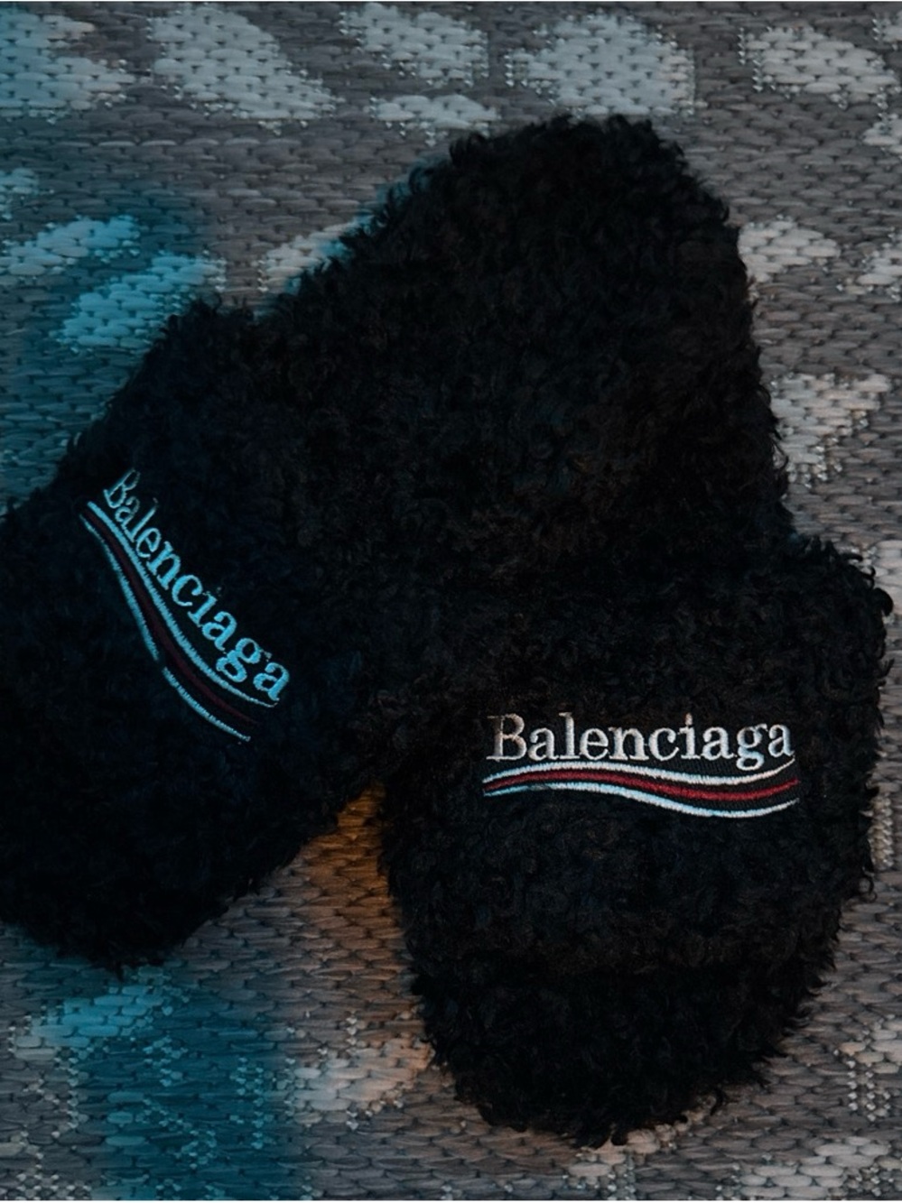 Balenciaga Black Shearling Logo Slippers with Tricolor Embroidery